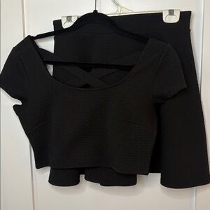 Chic Black Textured Crop Top and Skirt Set